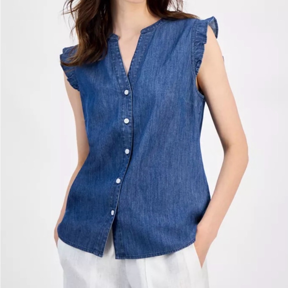 Tommy Hilfiger Blue Chambray Flutter Sleeve Blouse